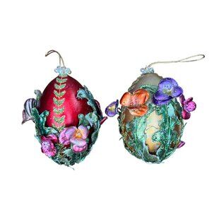 Handcrafted Floral Glitter Ornament Set With Red & Gold Egg Flower Designs